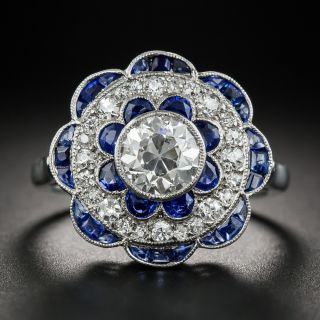 French Art Deco Platinum Diamond Ring with Calibre Sapphires - 1
