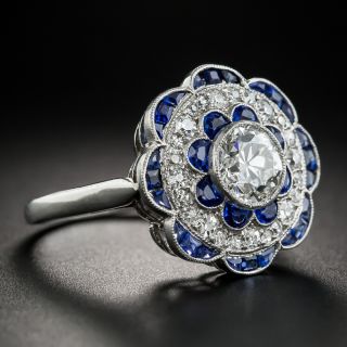 French Art Deco Platinum Diamond Ring with Calibre Sapphires