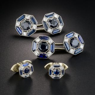 French Art Deco Platinum Sapphire and Diamond Cuff Links and Studs 