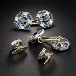French Art Deco Platinum Sapphire and Diamond Cuff Links and Studs 