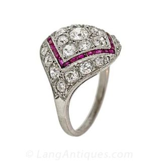 French Art Deco Ring with Diamonds and Rubies