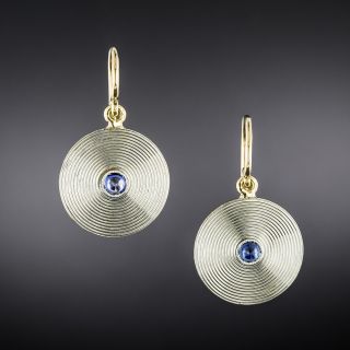 French Art Deco Sapphire 18K Disk Earrings - 2