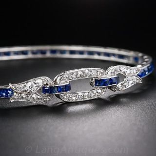 French Art Deco Sapphire and Diamond Bangle Bracelet - 1