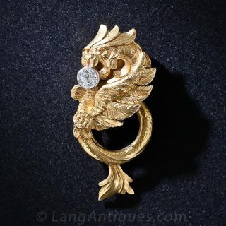 French Art Nouveau 18k and Diamond Griffin Scarf Clip