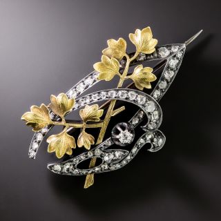 French Art Nouveau Diamond Leaf Brooch - 1
