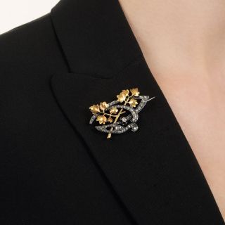 French Art Nouveau Diamond Leaf Brooch