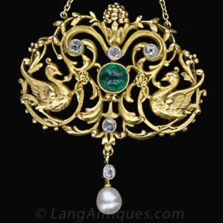 French Art Nouveau Emerald and Diamond Pendant Necklace