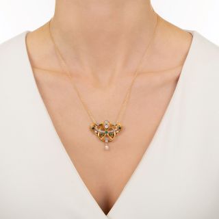 French Art Nouveau Emerald, Diamond and Natural Pearl Lavalière 