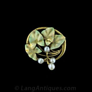 French-Art-Nouveau-Enamel-and-Freshwater-Pearl-Pin-Main-View