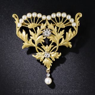 French Art Nouveau Pearl and Diamond Pendant or Brooch 