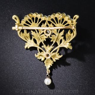 French Art Nouveau Pearl and Diamond Pendant or Brooch 