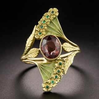 French Art Nouveau Plique-a-Jour Garnet and Emerald Dinner Ring - 3