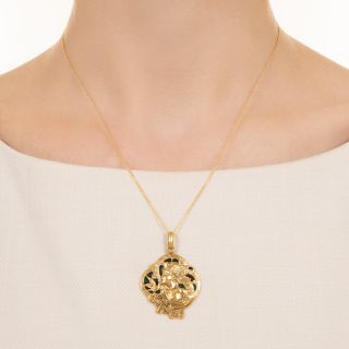 French Art Nouveau Plique-a-Jour Woman With Bird Pendant