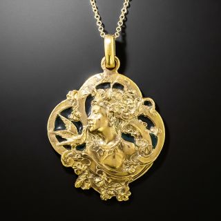 French Art Nouveau Plique-a-Jour Woman With Bird Pendant - 2