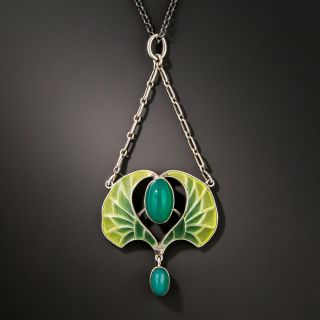 French Art Nouveau Silver Chrysoprase Plique-a-Jour Pendant  - 2