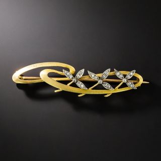 French Art Nouveau Whiplash and Leaf Diamond Brooch - 2