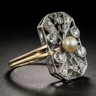 French Belle Epoch Diamond and Pearl Dinner Ring 