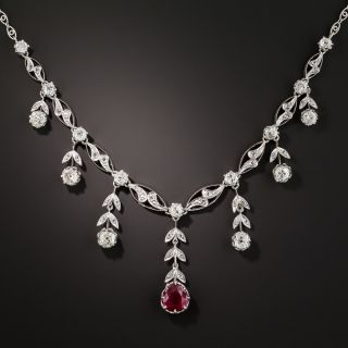 French Belle Epoque 1.57 Carat No-Heat Burmese Ruby and Diamond Platinum Fringe Necklace 
