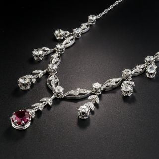 French Belle Epoque 1.57 Carat No-Heat Burmese Ruby and Diamond Platinum Fringe Necklace 