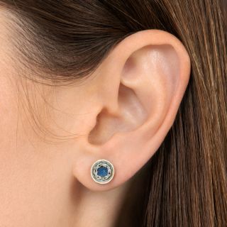 French Belle Epoque Blue Enamel and Diamond Stud Earrings