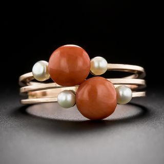 French Belle Epoque Coral and Natural Pearl Ring - 3