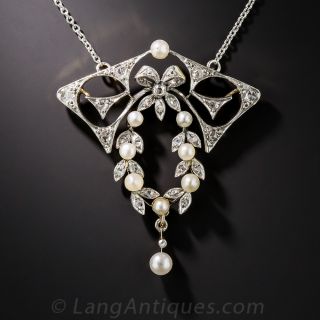 French Belle Époque Diamond and Natural Pearl Necklace