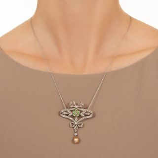 French Belle Epoque Diamond, Demantoid Garnet and Natural Pearl Pendant/Brooch - GIA 