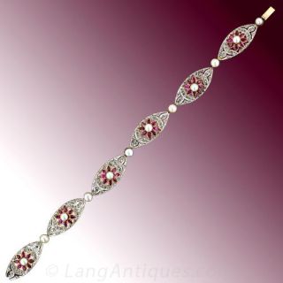 French Belle Epoque  Diamond, Ruby and Natural  Pearl Bracelet
