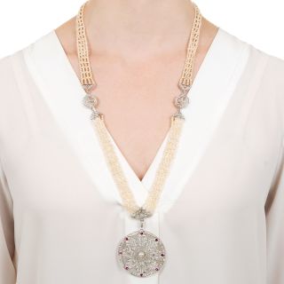 French Belle Epoque Diamond, Ruby, and Natural Pearl Sautoir