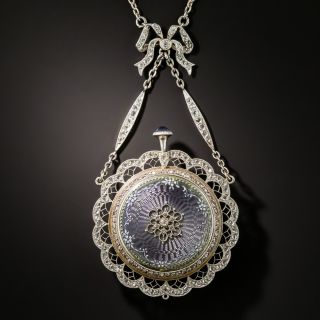 French Belle Epoque Guilloche Enamel Pendant Watch Necklace - 3