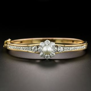 French Belle Epoque Natural Pearl and Diamond Bangle Bracelet - 2