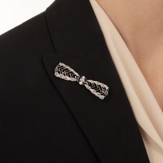 French Belle Époque Onyx and Diamond Bow Brooch