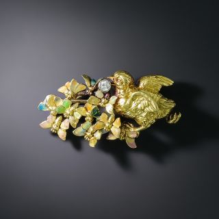 French Bird and Butterflies Enamel and Diamond Brooch, Circa 1900 - 2