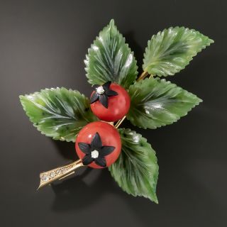 French Coral Nephrite Jade and Diamond Carved Floral Brooch - 1