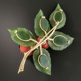 Vintage Austrian Coral Nephrite Jade and Diamond Carved Floral Brooch