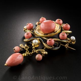 French Coral, Pearl and Black Enamel Antique Brooch 