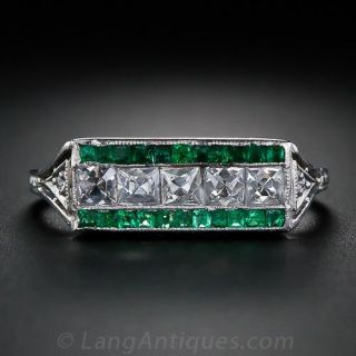 French-Cut Diamond and Calibre Emerald Art Deco Ring