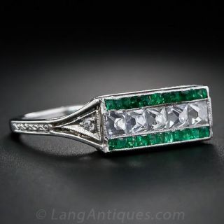 French-Cut Diamond and Calibre Emerald Art Deco Ring