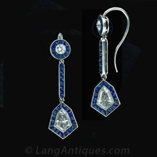 French Deco Style Diamond Sapphire Drop Earrings