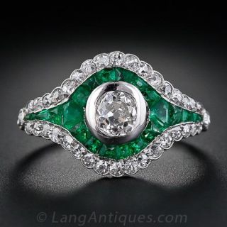 French Diamond and Calibre Emerald Art Deco Ring