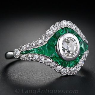 French Diamond and Calibre Emerald Art Deco Ring