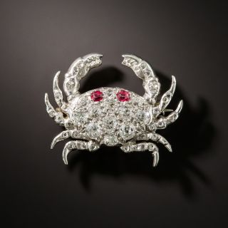 French Diamond and Ruby Platinum Crab Brooch  - 2
