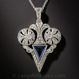 French Edwardian Sapphire and Diamond Pendant - 2