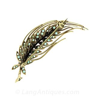 French Emerald and Diamond Feather Pin