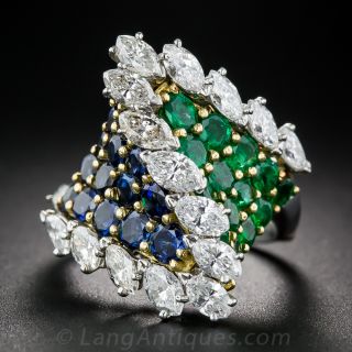 French Emerald, Sapphire and Diamond Cocktail Ring - 1