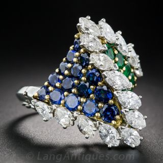 French Emerald, Sapphire and Diamond Cocktail Ring
