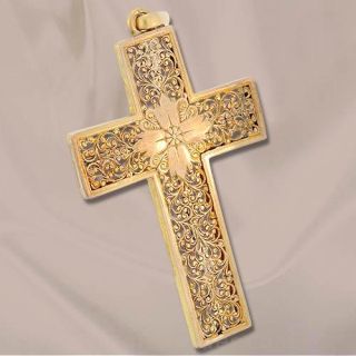 French Engraved and Pierced Gold Cross Pendant