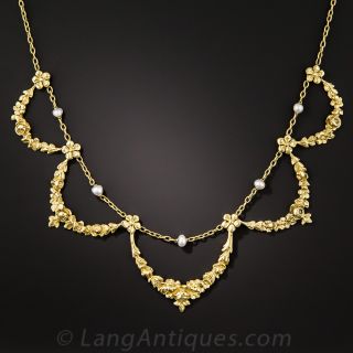 French Floral Garland Necklace with Pearls