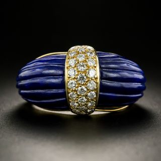 French Fluted Lapis and Diamond Ring - 2