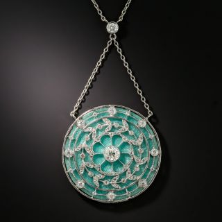 French Guilloche Enamel Edwardian Diamond Pendant Necklace - 2